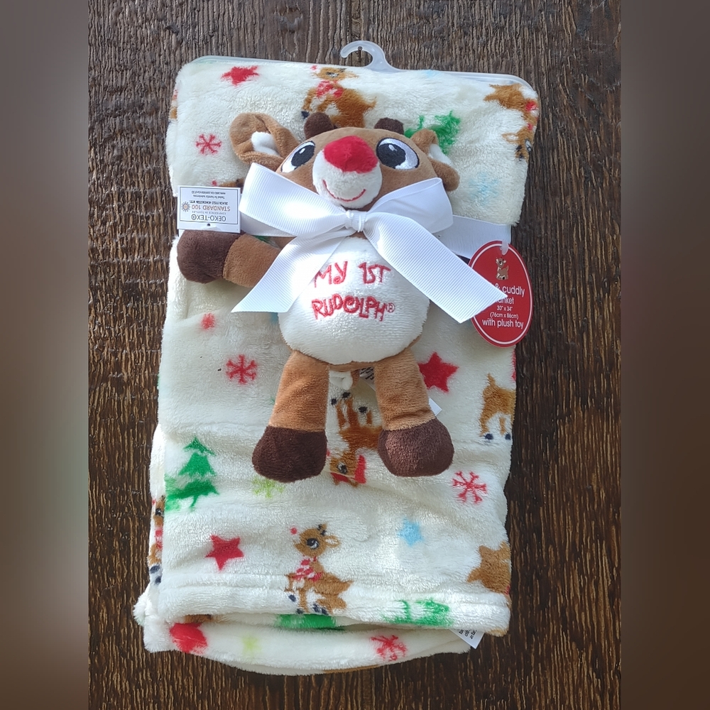 NWT Rudolph the Red-Nosed Reindeer Plush Baby Blanket Set Christmas Toy 30 x 34
